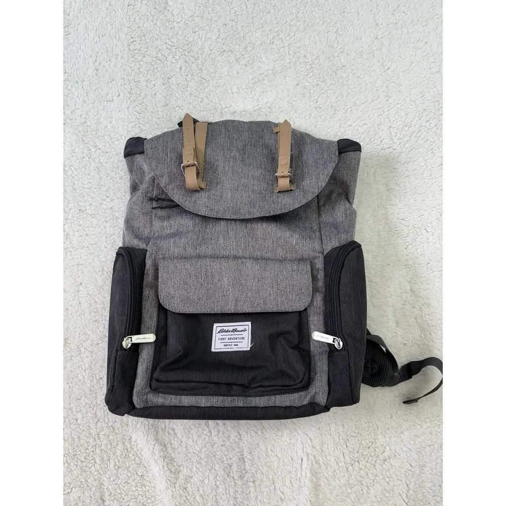 Eddie Bauer First Adventure Backpack Diaper Bag Gray Black Travel Pack Read